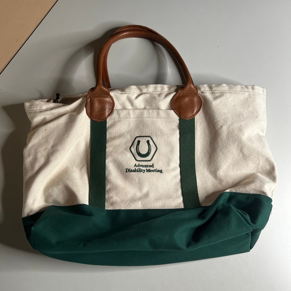 Scarborough & Tweed Canvas Boat Tote Bag Green Cream Leather Handle Made in USA